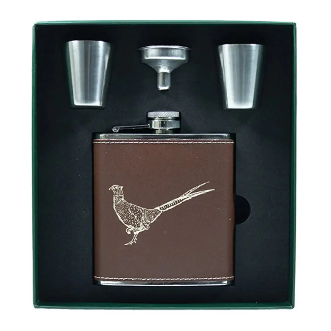 Bisley Brown Leather 6oz Hip Flask Presentation Set