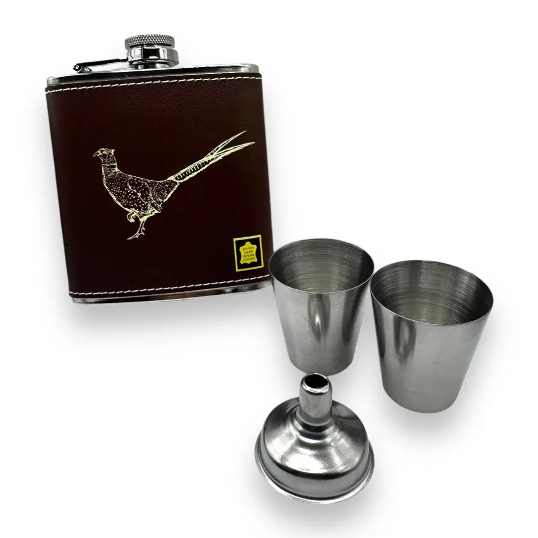 Bisley Brown Leather 6oz Hip Flask Presentation Set - Image 2