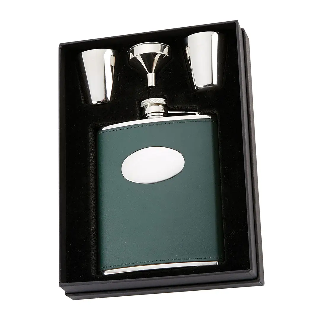 David Nickerson Green Leather 6oz Hip Flask Presentation Set
