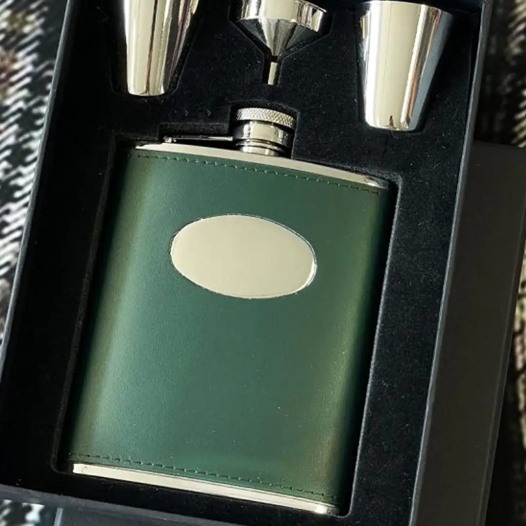 David Nickerson Green Leather 6oz Hip Flask Presentation Set - Image 2